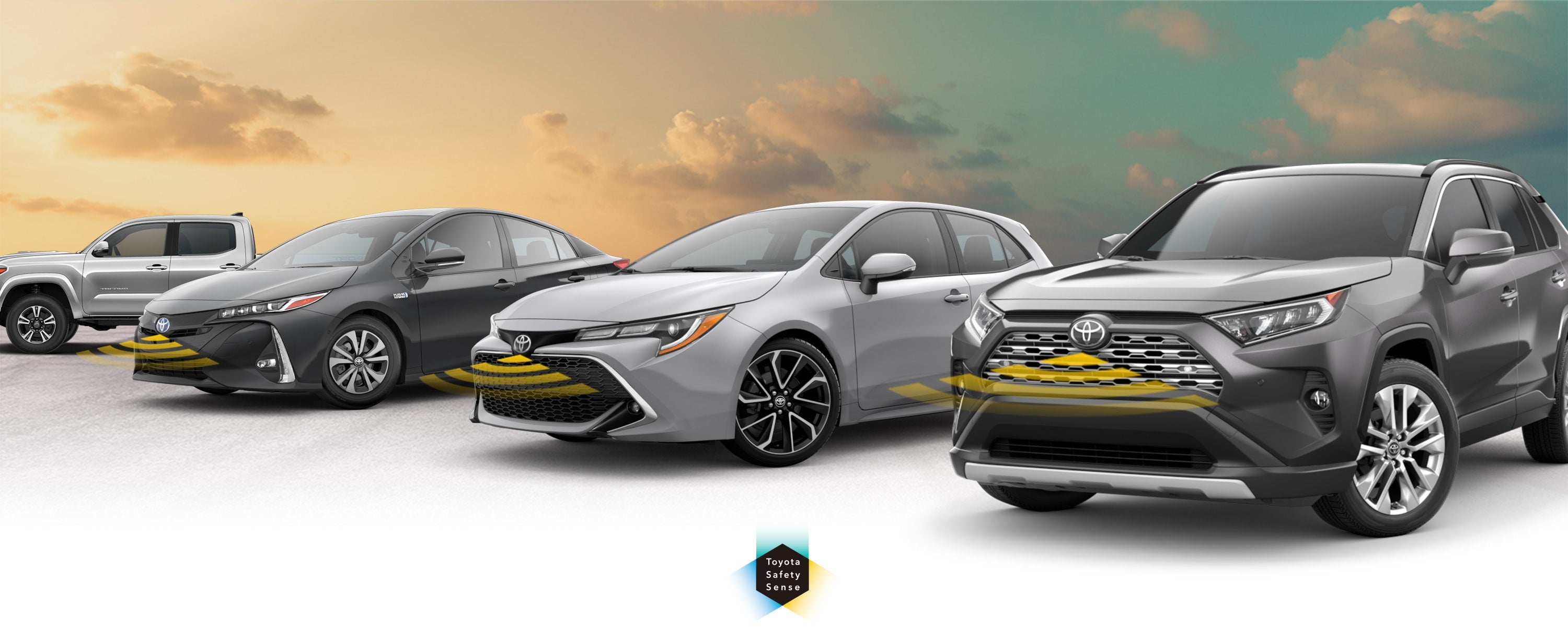 Toyota Safety Sense: Designed for Safety. Options shown on Toyota models including RAV4, Tacoma, and Camry, available now at Dowling Toyota of Litchfield in Litchfield CT.